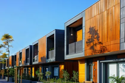 Street of modular houses and trees nearby